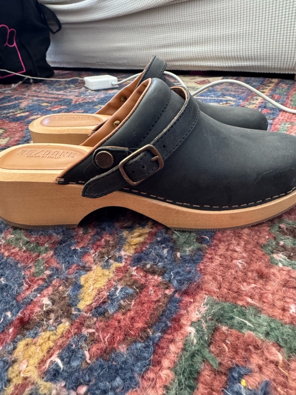 Re/Done Black Leather Clogs with Wooden Heel and Buckle